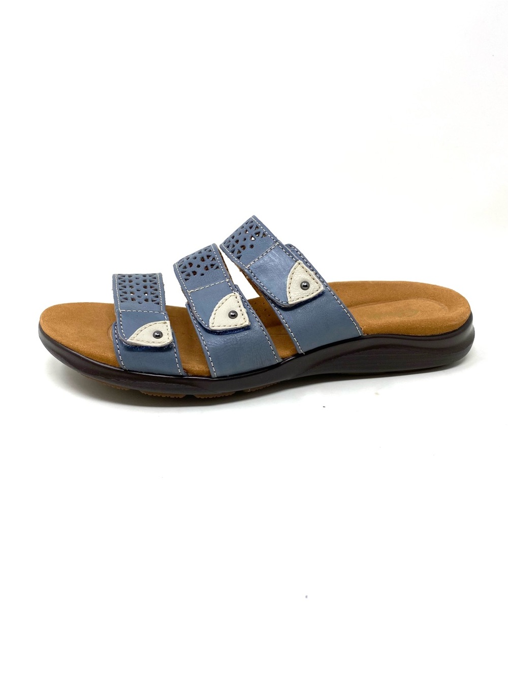 Clarks Kitly Walk Leather Slide Sandals Denim Navy Blue Comfort Laser Cut WIDE